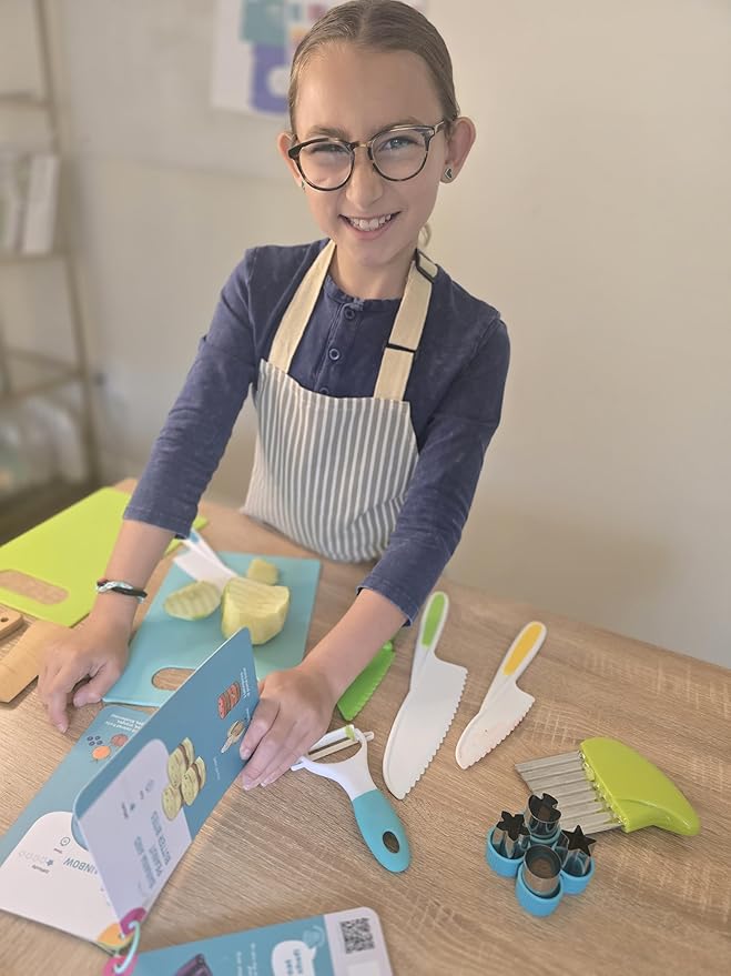 Kids Knife Set for Real Cooking - Montessori Kitchen Accessories & Visual Recipes by Tovla Jr. - Cutting Kit, Safe Knives, Cutting Board, Gloves, Peeler, Crinkle Cutter, & Recipe Booklet for Toddlers