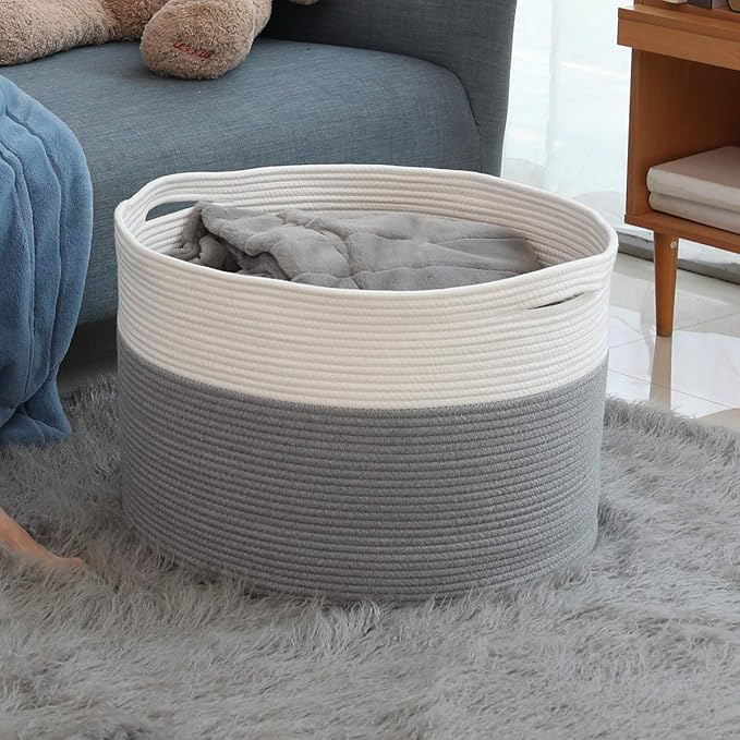 22" x 22" x 16" Mega Size Extra Large Storage Basket, Cotton Rope Storage Baskets, Woven Laundry Hamper, Cloth Storage Bin, for Clothes Towel Blanket Basket in Living Room, Large Basket Grey