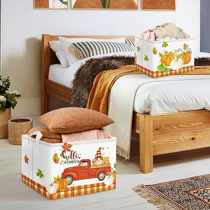 Clastyle Pumpkin Gift Baskets Empty Gnome Truck Shelf Basket Foldable Toys Clothes Large Storage Bin Rectangular Harvest Orange Fall Basket