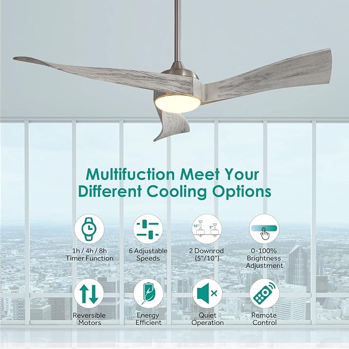 Sofucor 52" Wood Ceiling Fan Indoor with Light and Remote Control, 6-Speed, 3-Timer with Quiet Energy Saving, 3 blades Propeller Ceiling fan with Remote, Grey Wood Grain