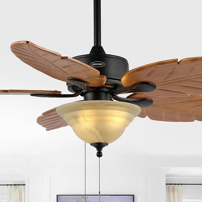 JONATHAN Y JYL9720C Poinciana 52" 3-Light Coastal Bohemian Iron/Wood Palm Leaf LED Ceiling Fan with Pull Chain Rustic, Eclectic, Transitional, Office, Living Room, Dining Room, Bedroom, Light Brown