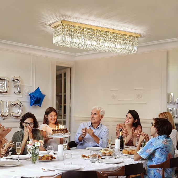 Siljoy 8-Lights Rectangular Flush Mount Ceiling Light Gold Rectangle Modern Crystal Chandelier Farmhouse Close to Ceiling Raindrop Pendant Light Fixture for Dining Living Room Kitchen Island L40''
