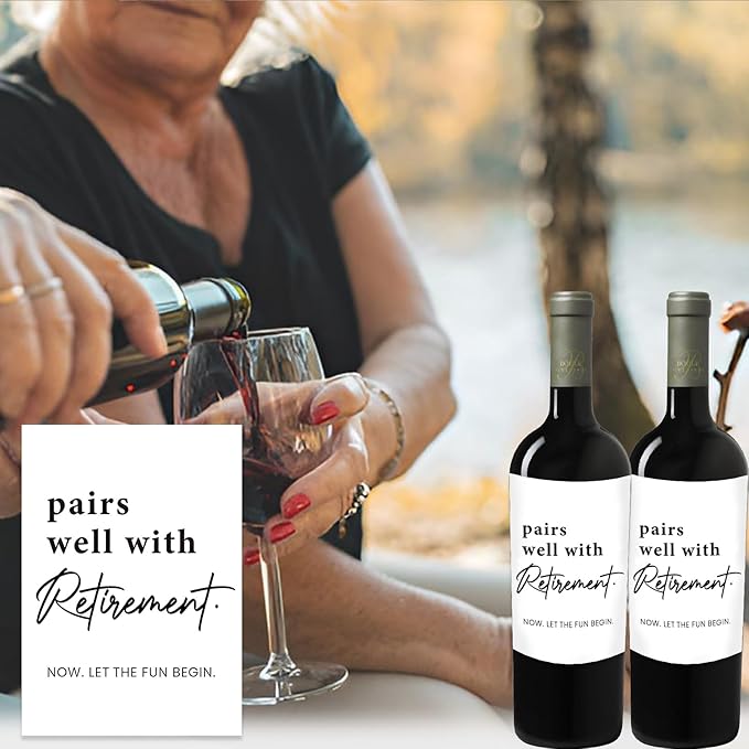 24 Pcs Retirement Wine Labels, Retirement Gifts for Women Men, Happy Retirement Wine Bottle Stickers Gifts for Coworker Grandparents, Pairs Well with Retirement Wine Bottle Labels