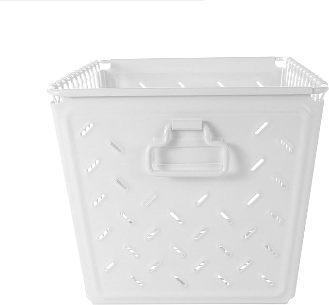 Tovolo Macklin, Stamped Steel & Wire Basket for Closet & Cubby Storage Vintage-Inspired Design with Customizable Label Plate, Medium, White