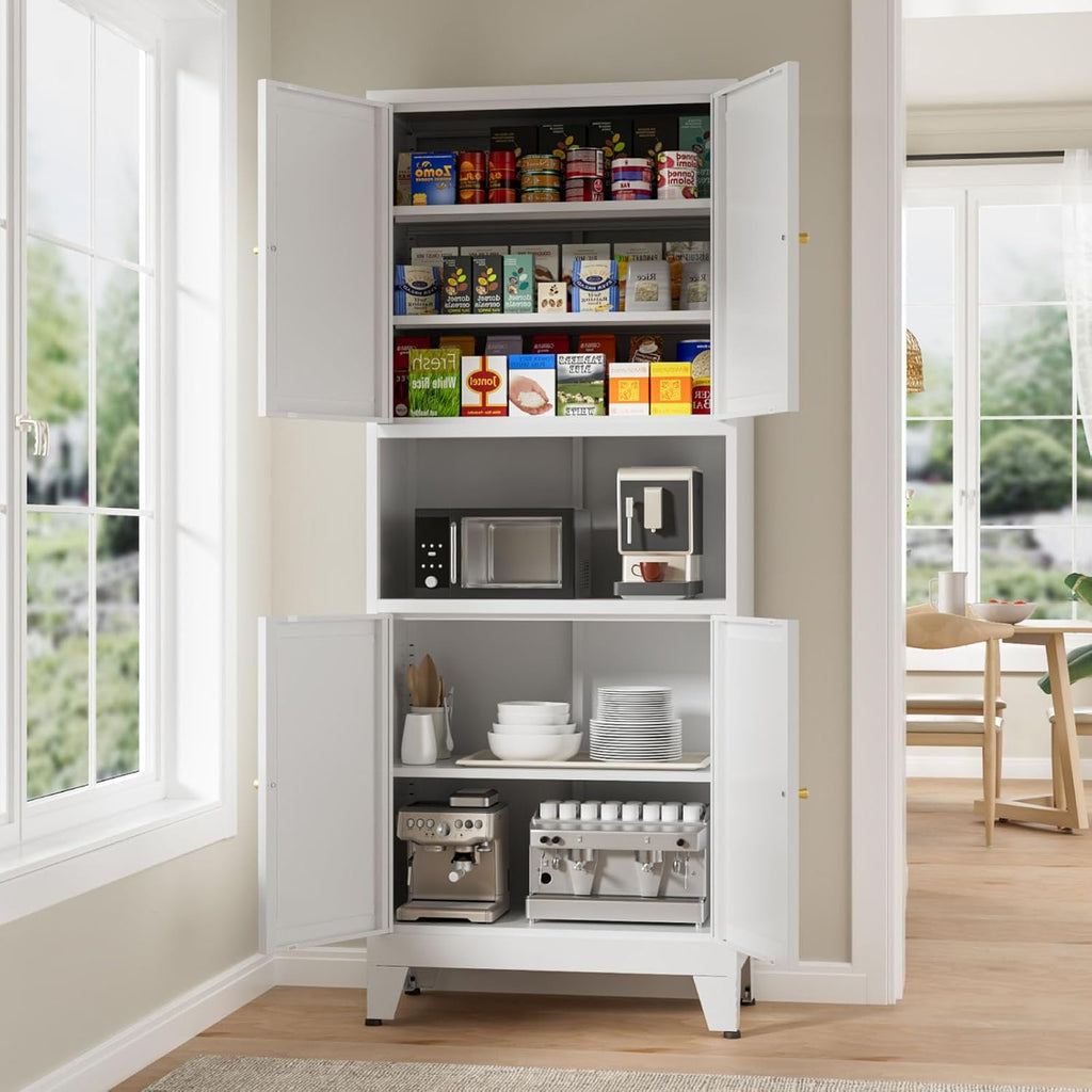 69" Tall Kitchen Pantry Cabinet, Metal Storage Cabinet with 4 Doors and Adjustbale Shelves, Freestanding Cupboards for Dining Room, Living Room, Bathroom