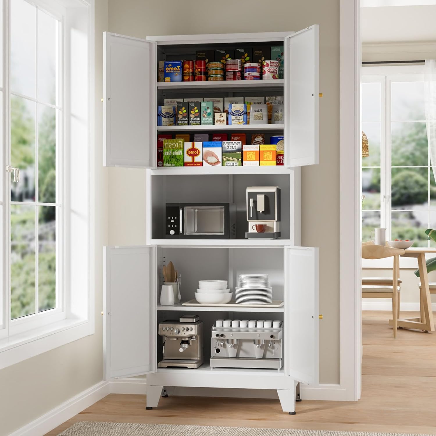 69" Tall Kitchen Pantry Cabinet, Metal Storage Cabinet with 4 Doors and Adjustbale Shelves, Freestanding Cupboards for Dining Room, Living Room, Bathroom