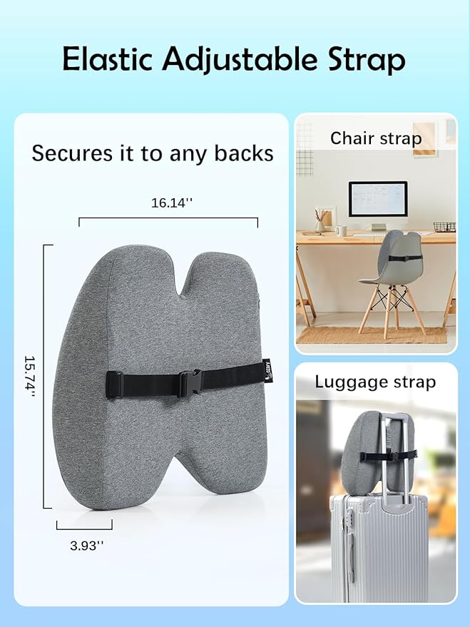 Lumbar Support Pillow for Office Chair Back Support Pillows for Car, Computer, Gaming Chair, Recliner Memory Foam Back Cushion for Pain Relief Improve Posture with Adjustable Strap