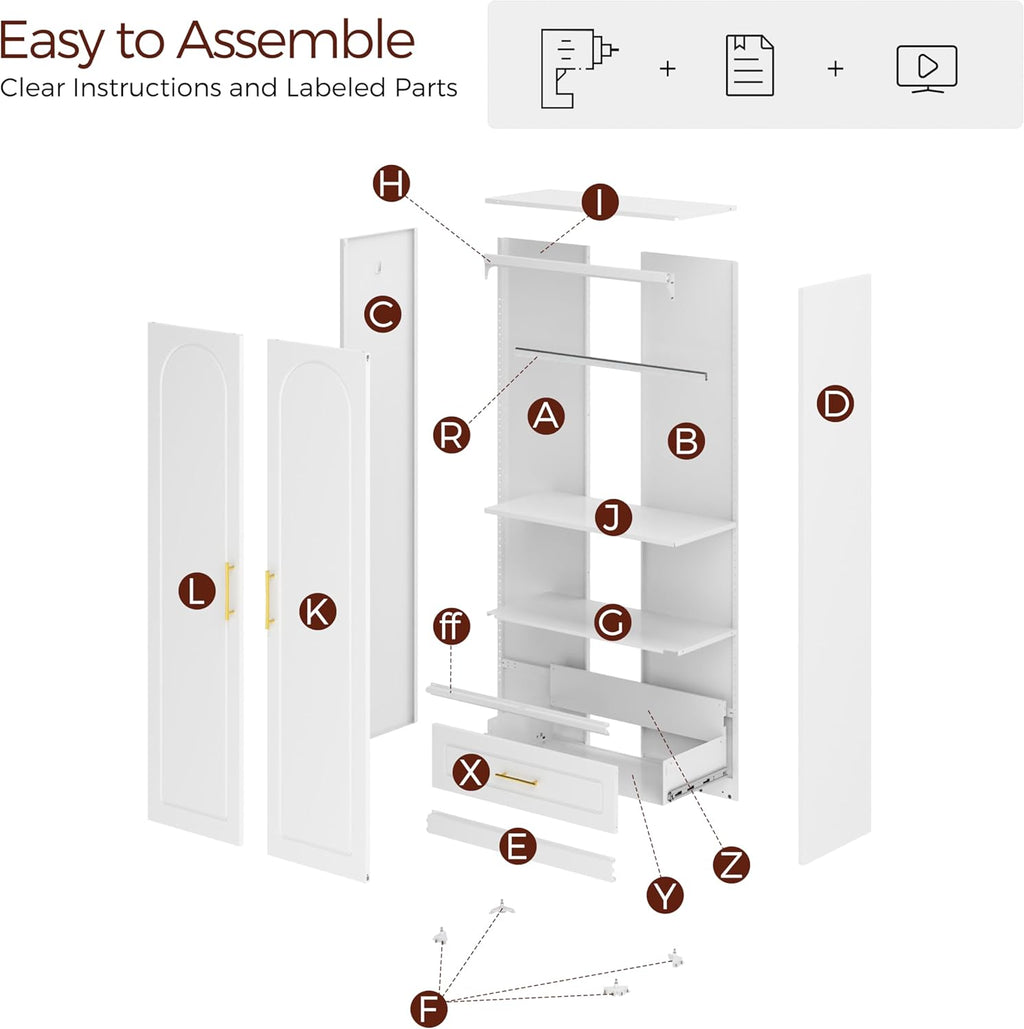 Metal Armoire Wardrobe Closet with 2 Doors, 71" Tall Wardrobe Cabinet with Hanging Rod, Drawers and Adjustable Shelves, White Clothing Storage Cabinets for Bedroom, Home Office
