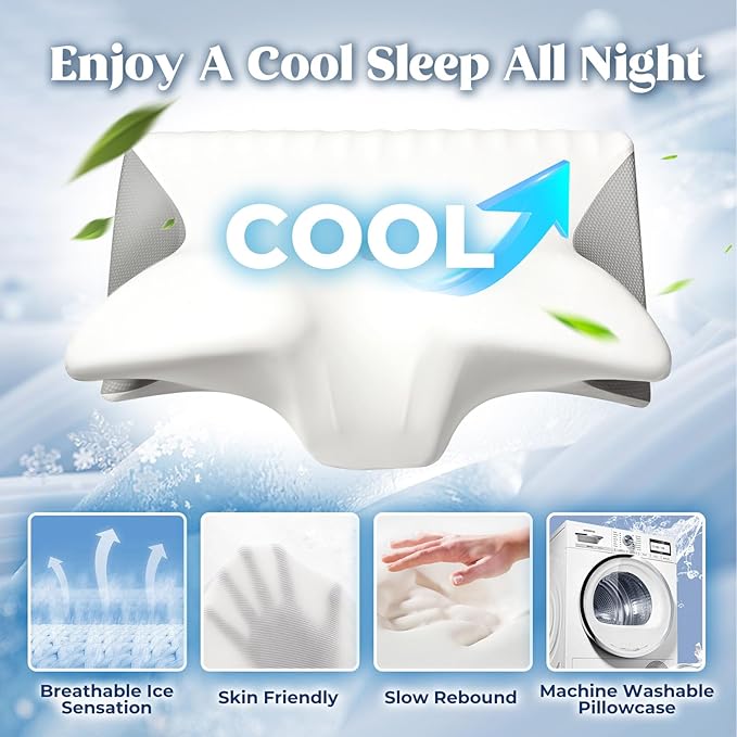 Cervical Pillow for Neck Pain Relief, Cooling Contour Memory Foam Pillows Support Odorless Ergonomic Neck Pillow Adjustable Orthopedic Bed Pillow for Side Back Stomach Sleeper with Pillowcase