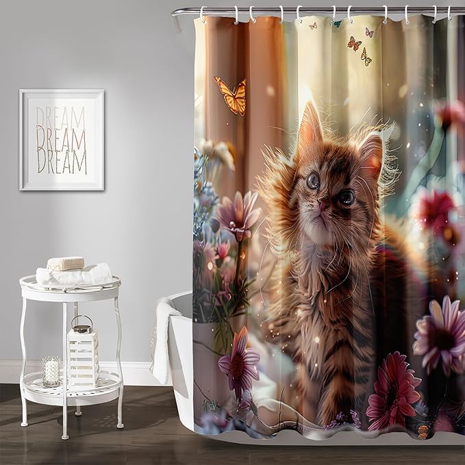 AILONEN Kawaii Cat Shower Curtain Set, Beautiful Kitty with Butterfly Waterproof Fabric Shower Curtain for Kids Boys,Cat Lovers Animal Design Shower Curtain for Bathroom,72" W*72" H