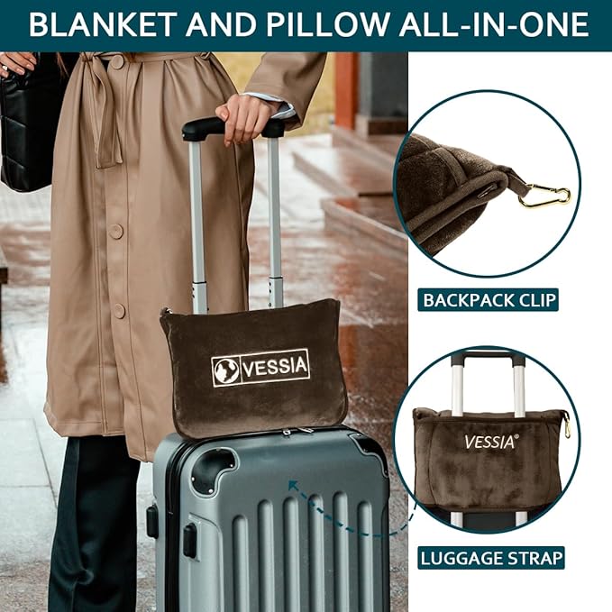 Vessia Travel Blanket for Airplane, Train and Car, Warm and Soft Travel Blanket in Bag for Adults and Kids, Portable Compact Long Flight Blanket with Luggage Sleeve, Backpack Clip(Brown)