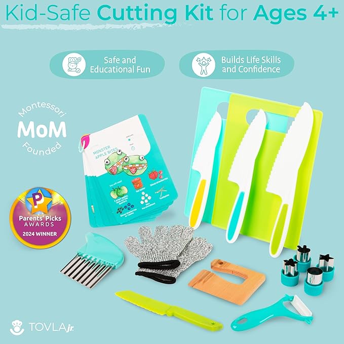 Kids Knife Set for Real Cooking - Montessori Kitchen Accessories & Visual Recipes by Tovla Jr. - Cutting Kit, Safe Knives, Cutting Board, Gloves, Peeler, Crinkle Cutter, & Recipe Booklet for Toddlers
