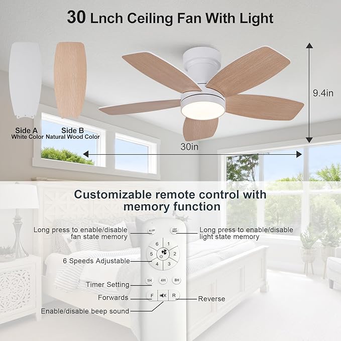 30 inch Ceiling Fans with Lights and Remote,Flush Mount White Ceiling Fan,Memory Fuction Reversible Quiet DC Motor Low Profile Ceiling Fans For Living Room Bedroom Outdoor(White&Natural Wood)
