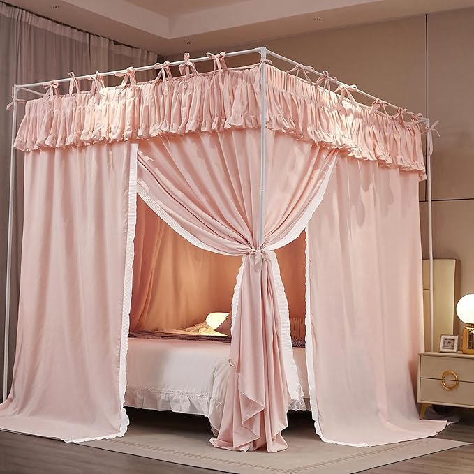 4 Corners Post Princess Ruffle Curtain Bed Canopy Lace Up Elastic Cozy Breathable Tent Mosquito Net for Girls Bedroom Decoration(Pink, 47-53" W*78" L*82"*H/Full)