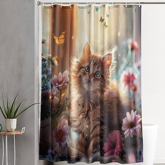 AILONEN Kawaii Cat Shower Curtain Set, Beautiful Kitty with Butterfly Waterproof Fabric Shower Curtain for Kids Boys,Cat Lovers Animal Design Shower Curtain for Bathroom,72" W*72" H