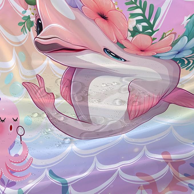 AILONEN Cute Dolphin Shower Curtain,Beautiful Sea World Theme Bath Curtain Cloth Fabric Bathroom 72" W*72" H Inch,12 Pack Hooks for Kids Child Cute Pink Dolphin Sea Animal Bathroom Curtain
