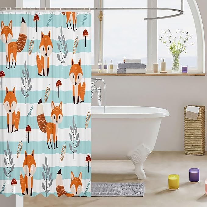 Feelyou Fox Bathroom Shower Curtain Set Cute Fox Bath Curtain Cartoon Fox Shower Curtain Fox Animal Kids Bathroom Accessories 72"x84"