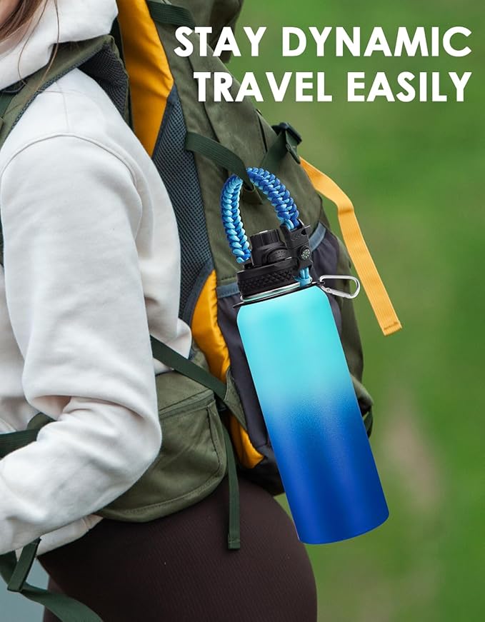 32/40/64 oz Insulated Water Bottle with Straw & Spout Lids, Paracord Handle, Bottle Holder with Strap, 40 oz Stainless Steel Water Bottle Cold for 48H, Vacuum Metal Thermal Flask for Work Travel