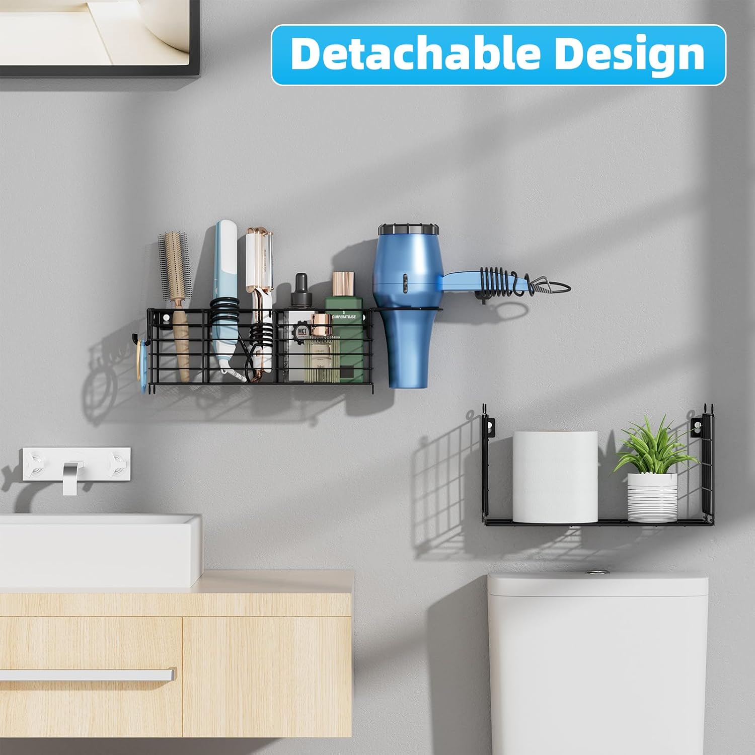 VITVITI Metal Hair Tool Organizer with Toilet Paper Basket, Bathroom Blow Dryer Curling Iron Holder Wall Mount, 2 Tiers Styling Tools Organizer for Straightener with Hooks, Black