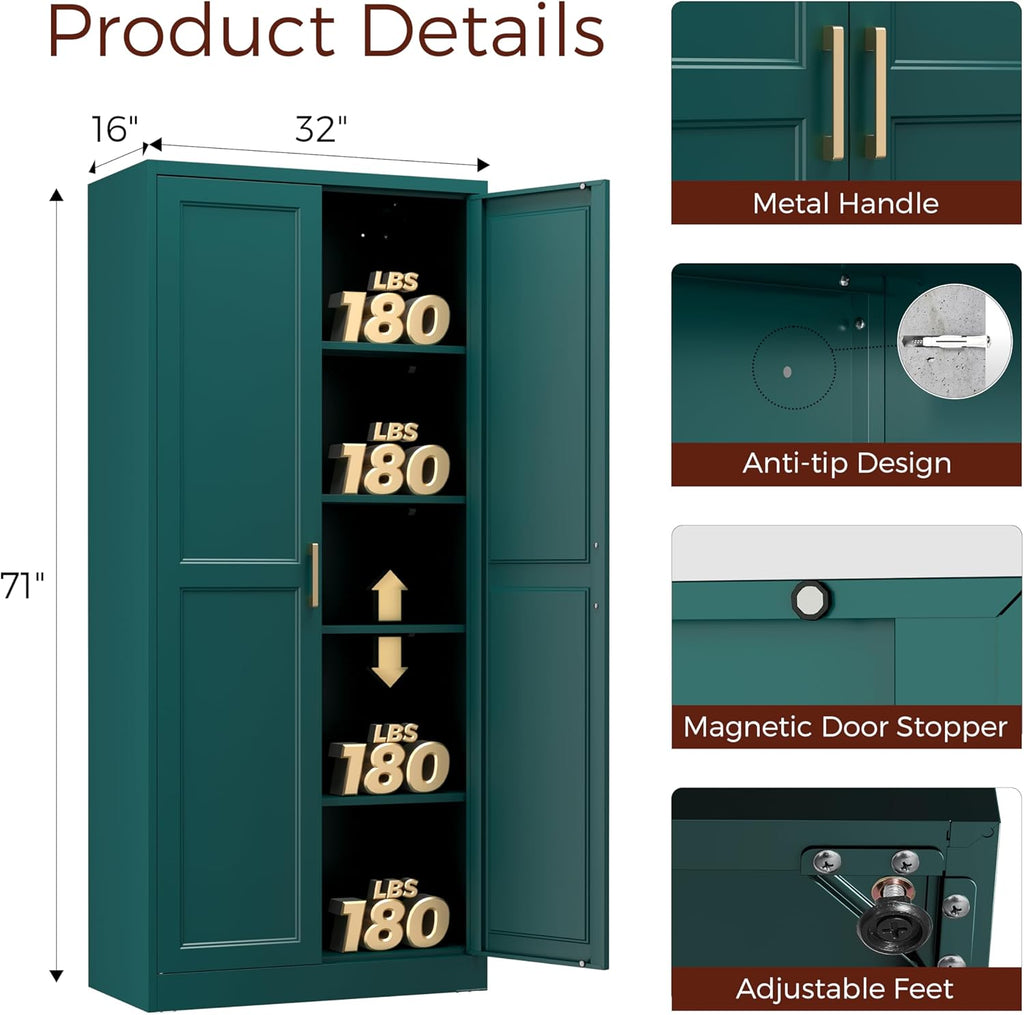 71" Metal Pantry Cabinet, Tall Kitchen Pantry Storage Cabinet with 4 Adjustable Shelves and Gold Handles, Green Cupboard for Kitchen, Dining Room, Living Room