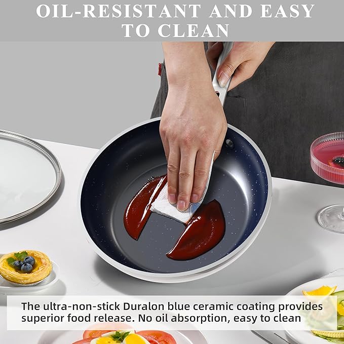 Nuwave Healthy Duralon Blue Ceramic Nonstick Cookware Set, Diamond Infused Scratch-Resistant, PFAS Free, Dishwasher & Oven Safe, Induction Ready & Evenly Heats, Tempered Glass Lids & Stay-Cool Handles