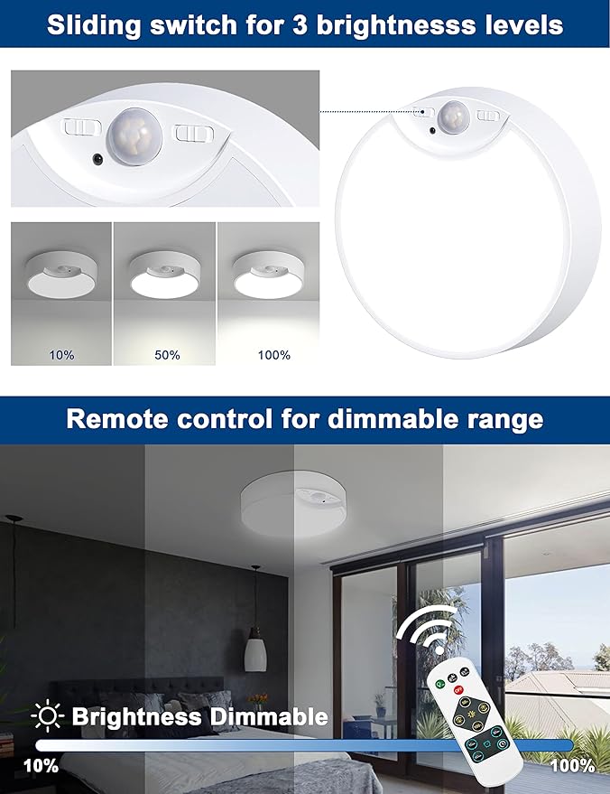 Motion Sensor Ceiling Light Battery Operated, Wireless LED Wall Lighting Fixture with Remote, Dimmable, Timer, Daylight for Closet, Bathroom, Shower, Garage, Pantry, Stairs