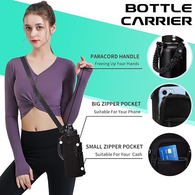 32-40-64OZ Stainless Steel Water Bottle - Black Water Bottle with Straw & Spout Lid, Paracord Handle & Bottle Sleeve, Insulated Vacuum Water Flask Double-Wall Metal Thermo Cup Canteen for Gym School