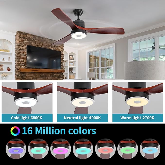 60 Inch Wood Ceiling Fan with RGB Dimming LED Light,with Music Bluetooth Speaker,Remote Control,3-Speed Regulation, Reversible Motor,Timing,for Living Room,Bedroom,Restaurant,Outdoor