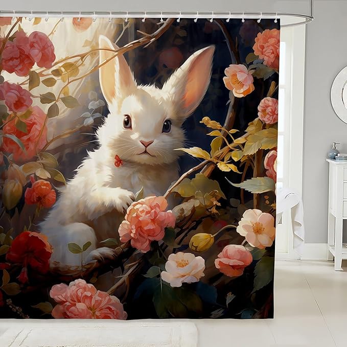Feelyou Cute Rabbit Fabric Shower Curtain Cute Bunny Shower Curtain for Boys Girls 3D Print Bathroom Waterproof Accessories with 12 Hooks Pink Flower Curtains,72x72 Inches
