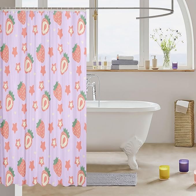 Feelyou Purple Strawberry Bathroom Waterproof Accessories with 12 Hooks Kawaii Fruit Shower Curtain for Kids Boys Girls Cute Stars Strawberry Fabric Shower Curtain Kawaii Lovely Curtains,72x78 Inches