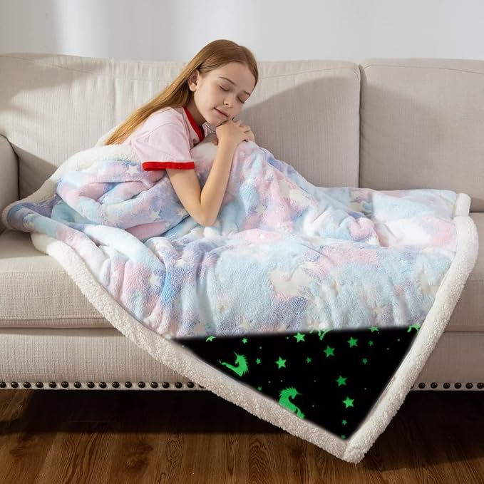 COSUSKET Glow in The Dark Blanket for Kids, Unicorn Luminous Birthday Super Soft Fuzzy Plush Sherpa Furry Fleece Colorful Throw Blanket 50"x60" Boys Girls Gifts