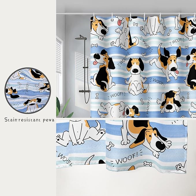 AILONEN Cartoon Dog Shower Curtain,Funny Beagle Active Dog Printed Shower Curtain, 72" W*72" H Waterproof Happy Cartoon Pet Dog Curtain with Grommets and 12 Hooks