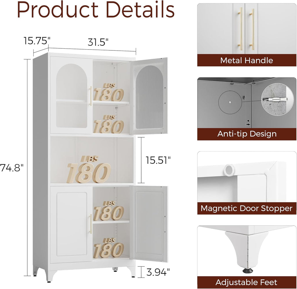 75" Tall Kitchen Pantry Cabinet, Metal Storage Cabinets with Acrylic Doors and Adjustable Shelves, Hutch Cabinet with Storage, White Microwave Stand Cabinets for Dining Living Room