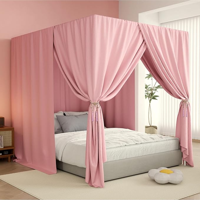 Black Canopy Bed Curtains - 4 Corner Post Bed Curtains Full Lightproof Drapes Bed Canopy with Top Ties and Tie Backs for Adults & Girls Bedroom Decoration(Pink,Full)