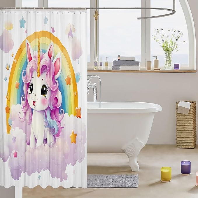 Feelyou Cute Unicorn Fabric Shower Curtain Kids Rainbow Bathroom Waterproof Accessories with 12 Hooks for Boys Girls Bright Colorful Shower Curtain Star Cloud Curtains,72x78 Inches