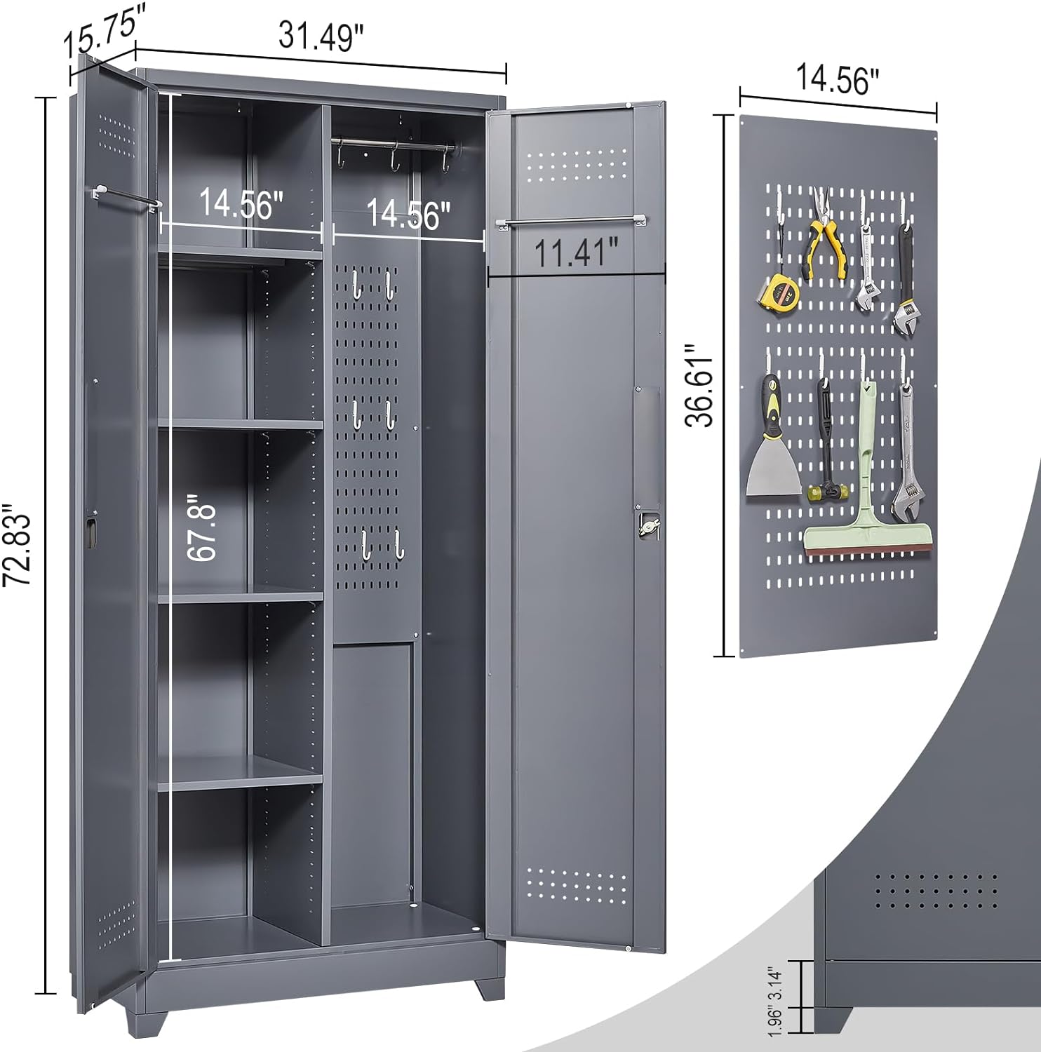 Lockable Storage Cabinet,Utility Closet with Doors and Shelves,SteelGarage Cabinet with Adjustable Shelves for Home,Garage,Gray