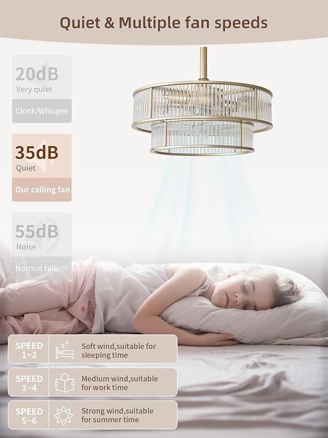 20" Gold Crystal fandelier Ceiling Fan with Lights,Gold Caged Chandelier Ceiling Fan with Light Remote Control,Enclosed Mid Century with 6 Speeds for Bedroom,Living Room,Nursery