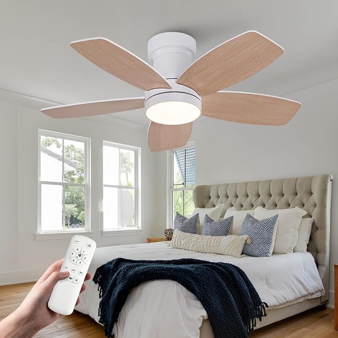 30 inch Ceiling Fans with Lights and Remote,Flush Mount White Ceiling Fan,Memory Fuction Reversible Quiet DC Motor Low Profile Ceiling Fans For Living Room Bedroom Outdoor(White&Natural Wood)
