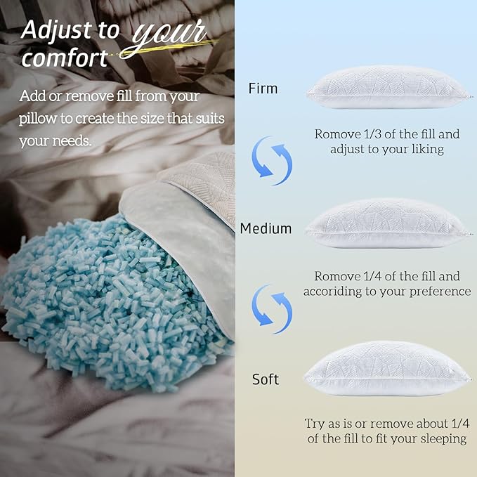 BETU Cooling Standard Pillow, Shredded Memory Foam Cool Pillow for Hot Sleepers, Adjustable Firm Soft Support Bed Pillows Perfect for Back Neck Pain and Side Sleeping with Pillow Case Cover, White