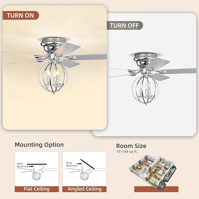 NicBex Ceiling Fan 52 Inch Ceiling Fan with Lights Ceiling Fans with 5 Blades and Remote Control Ceiling Fan with Round Lamp Shade for Bedroom, Living Room, Silver