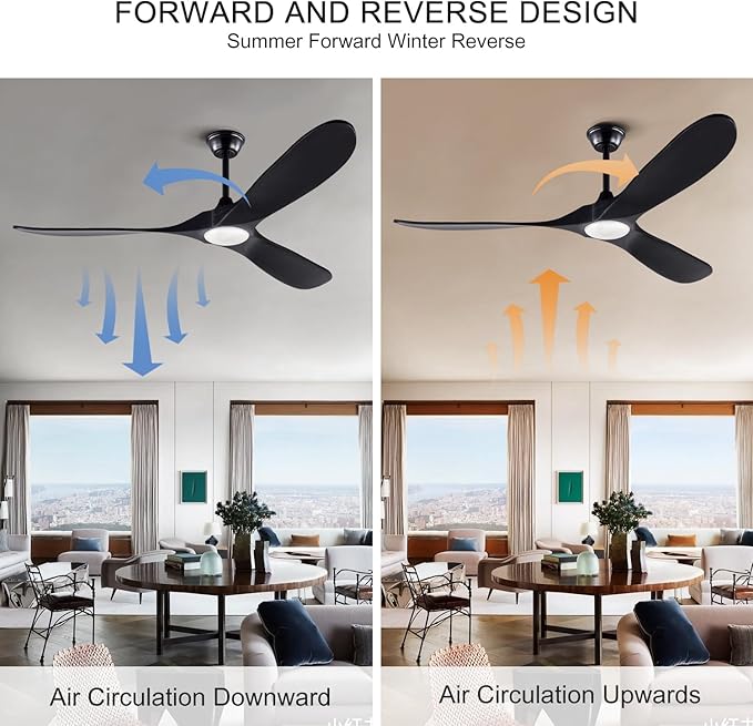 BOJUE 60 Inch Ceiling Fan with Lights Indoor Outdoor Black Ceiling Fan 3 Wooden Blades Remote Control with Light Modern Ceiling Fan for Porch Living Room Bedroom