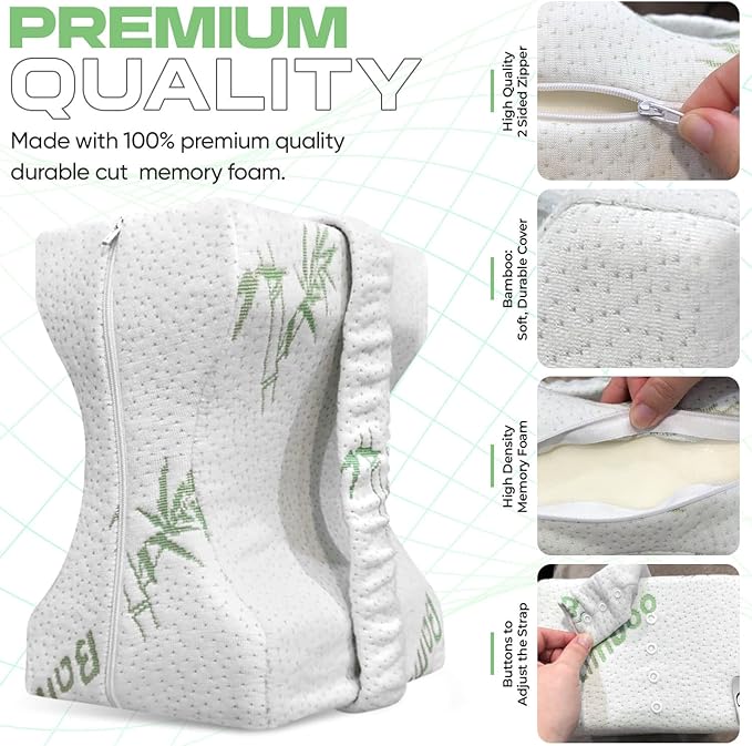 Crew & Chane Knee Pillow for Side Sleepers with Strap, Memory Foam Leg Pillow for Sleeping & Pregnant Women, Sciatica Pain Relief Pillow, Hip Pain & Lower Back Pain Relief