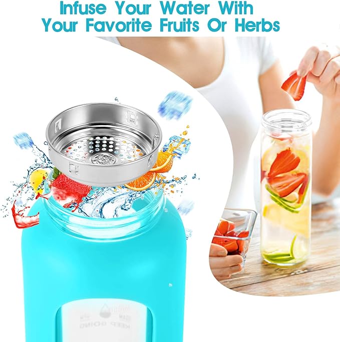 32 oz Glass Water Bottles with Straw - Motivational Glass Water Bottle with Time Marker & Silicone Sleeve - Reusable Glass Tumbler Includes 2 Bamboo Lids & Fruit Infuser - 1 Pack