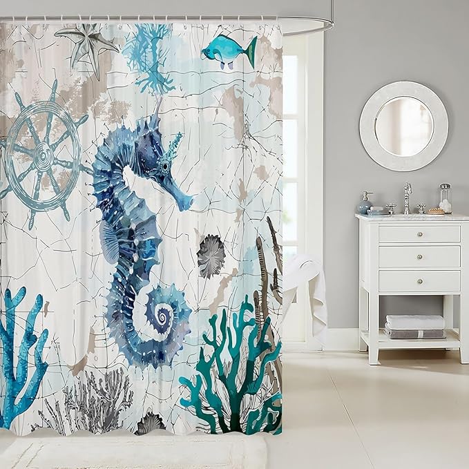Feelyou Seahorse Fabric Shower Curtain Ocean Shower Curtain for Kids Boys Girls Marine Life Bathroom Waterproof Accessories with 12 Hooks Sea Animal Curtains,72x84 Inches