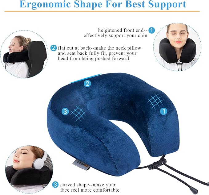 SAIREIDER Travel Pillow 100% Memory Foam Airplanes Neck Pillows -Prevent The Heads from Falling Forward Travel Neck Pillows with Sleep Mask and Earplugs (Navy Blue)