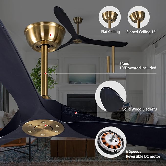 Bigzone 70" Black and Gold Ceiling Fan, Quiet DC Motor, Energy-Saving, 3 Balsa Wood Blades, Indoor/Outdoor Use