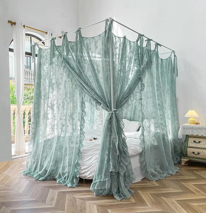 Mengersi Canopy Bed Curtains with Tie Backs,Bed Canopy Curtains Bed Drapes Sheer Lace Curtains for Bedroom Decor（King,Sage Green