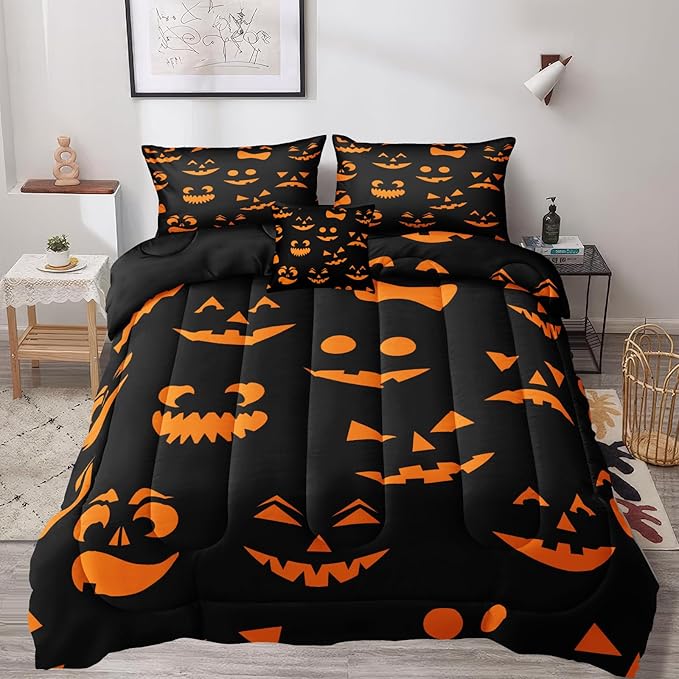 Bedbay Halloween Queen Comforter Set Black Orange Ghost Bedding Set for Kids Boys 4 Pcs Soft and Breathable Comforter Halloween Room Decor(Orange,Queen)