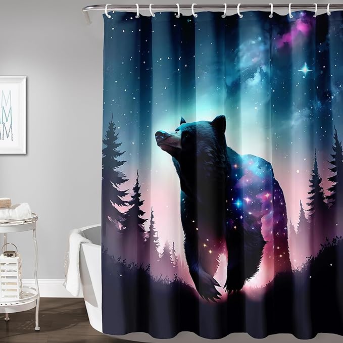 AILONEN 3D Bear Shower Curtain for Bathroom,Evening Starry Black Bear Printed Bath Curtain,Forest Wildlife Decoration Shower Curtain Waterproof 60" W*72" H
