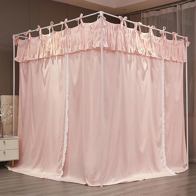 Ruffle Lace up 4 Corners Post Princess Curtain Bed Canopy Cozy Breathable Mosquito Net Cloth for Girls Adults Bedroom Decoration (Pink, 53" W*78" L*82" H/Full)